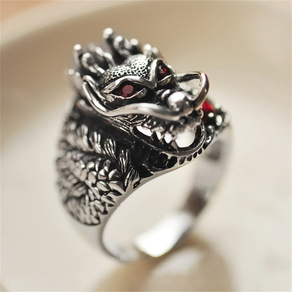 925 Silver Vintage Chinese Dragon Gem Punk Rings 16-26mm inner Lucky S925 Retro Thai Silver Ring for Man Charm Gift Jewelry