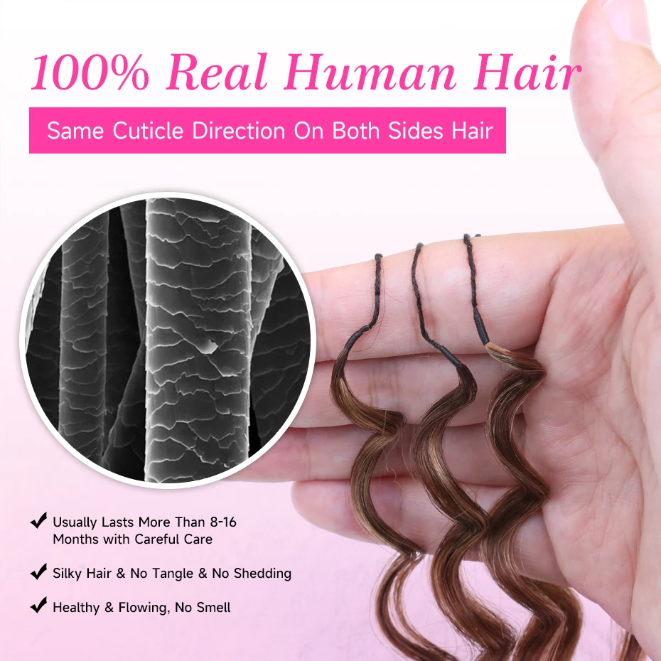 Highlight Deep Wave Feather Crochet Echthaar Unsichtbare Wunderknoten Haarverlängerung 100% Echthaar Farbige Boho Zöpfe – Detail 6