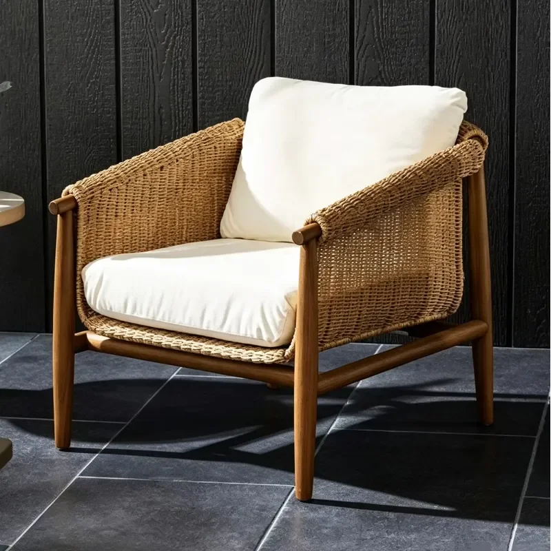 Simple Luxury Outdoor Rope Woven Solid Teak Garden Sofa Chair with Armrests for Patio