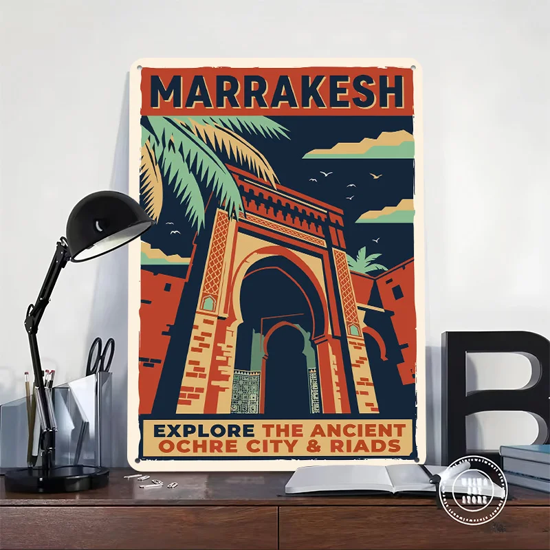 Marrakesh Morocco Travel Ochre City Architectural 3D Texture Metal Poster Customized Wall Art Tin Sign Gift for Mancave Decor