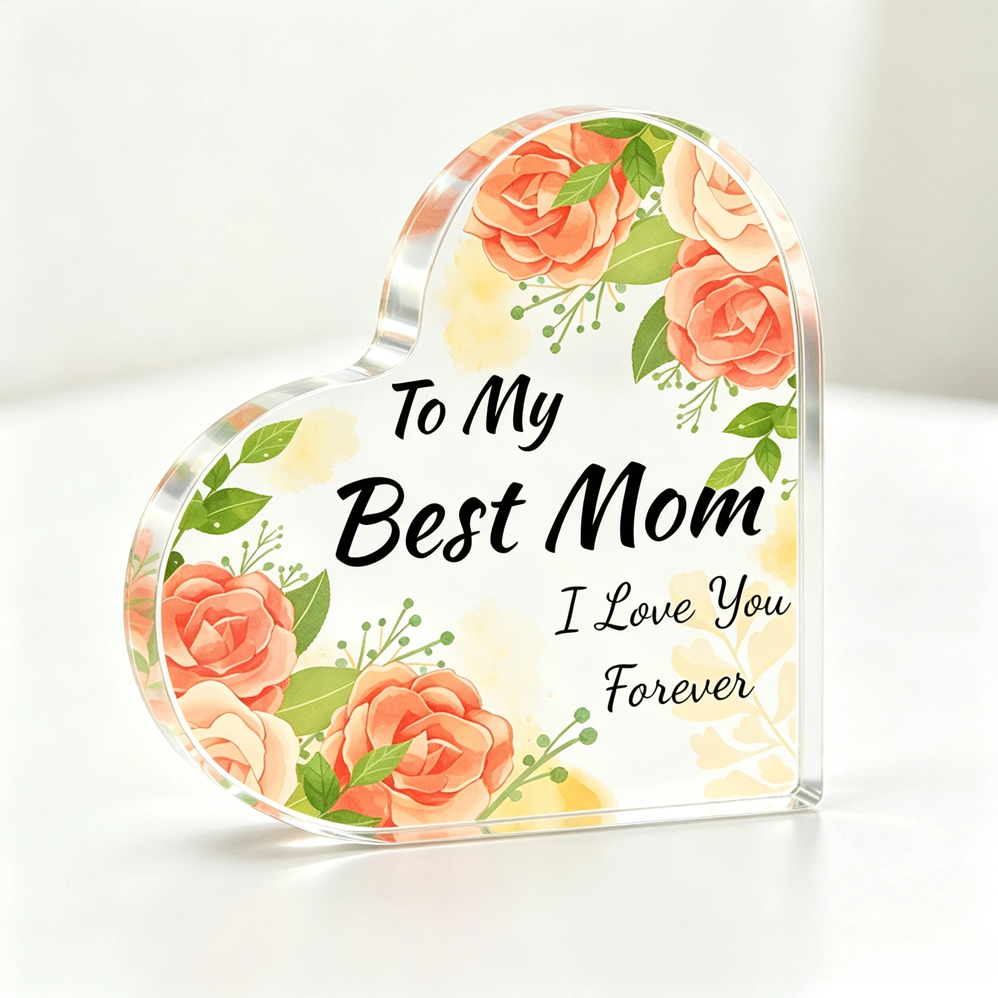 Peach Floral Heart‑Shaped Acrylic Ornament, Mom Birthday Mother's Day Tabletop Decor
