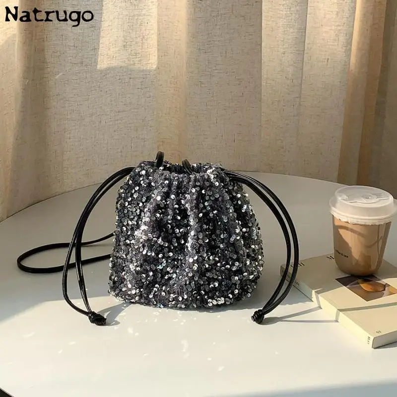 New Sequin Bucket Crossbody Bag Women Chain Phone Bag Satchels  Girls Decor Hangbag Luxury Designer Small Shoulder Bag