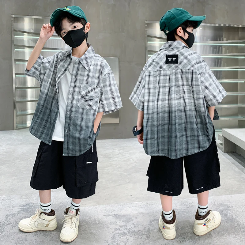 New Kids Designer Plaid Shirt Shorts 2 Pieces Clothing Set for Tween Boys Summer Clothes Set Child Cotton Tracksuit Wear 5-14Y