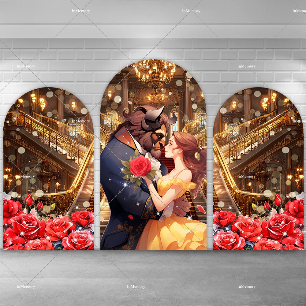 الفتيات عيد ميلاد الأميرة حسناء قوس خلفية غطاء الكرتون الجمال والوحش موضوع استحمام الطفل صور خلفيات الإمدادات