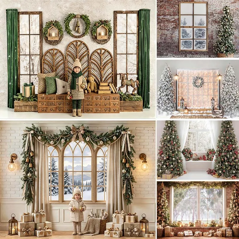 LS Xmas Decorated Window Backdrops Kids Adult Photography Props Christmas Trees Wreath Gifts Box Backgrounds