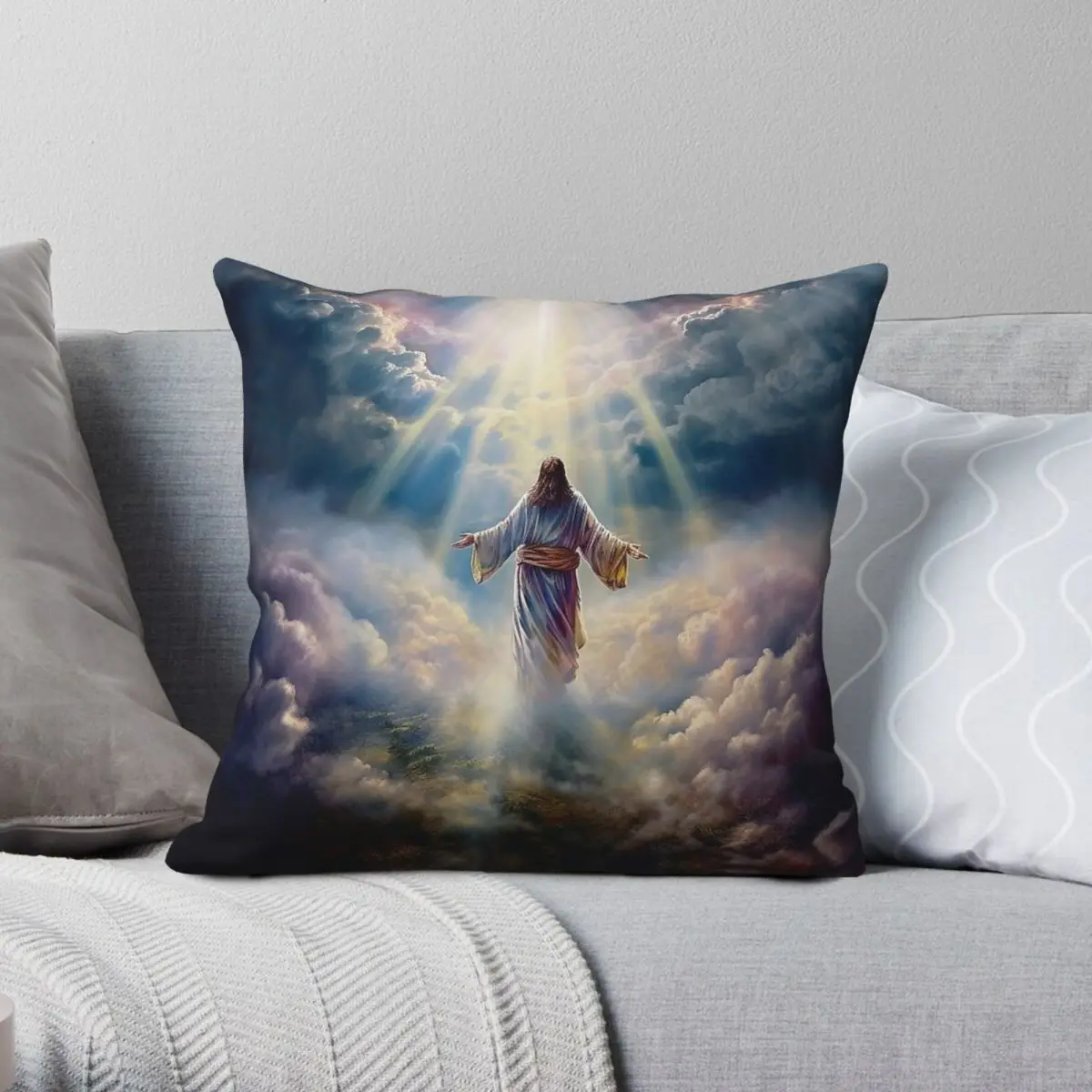 Jésus dans les nuages Rapture taie d'oreiller carrée Polyester lin velours motif fermeture éclair décorative maison housse de coussin en gros 18"