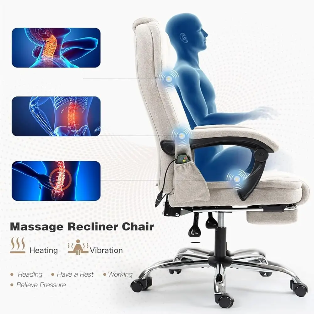 Massage Office Chair With Footrest, Ergonomic Adjustable Reclining Executive Home Desk Chair W/ 6 Vibration Points & Heat,