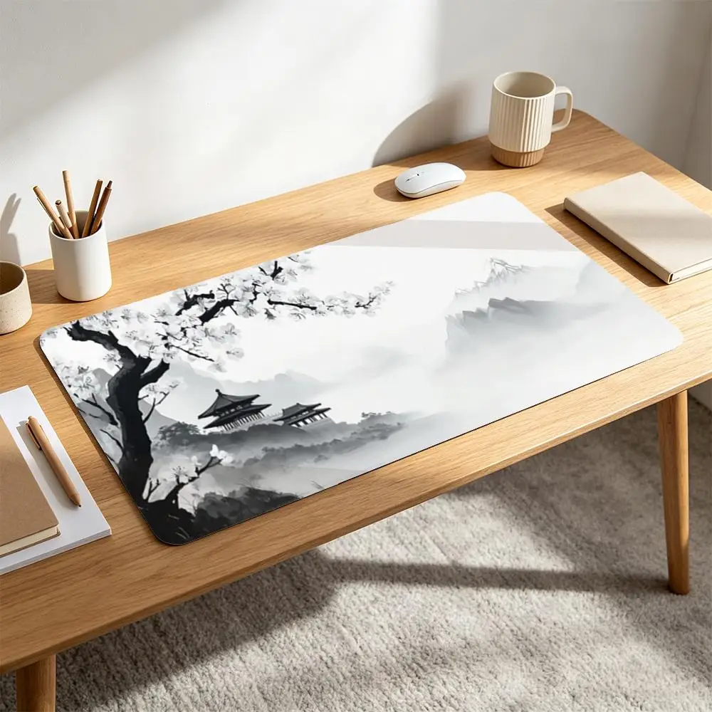 Monochrome Chinese Ink Landscape XXL Desk Pad Traditional Oriental Art Pagoda Hazy Mountains Plum Blossom Branches Minimal