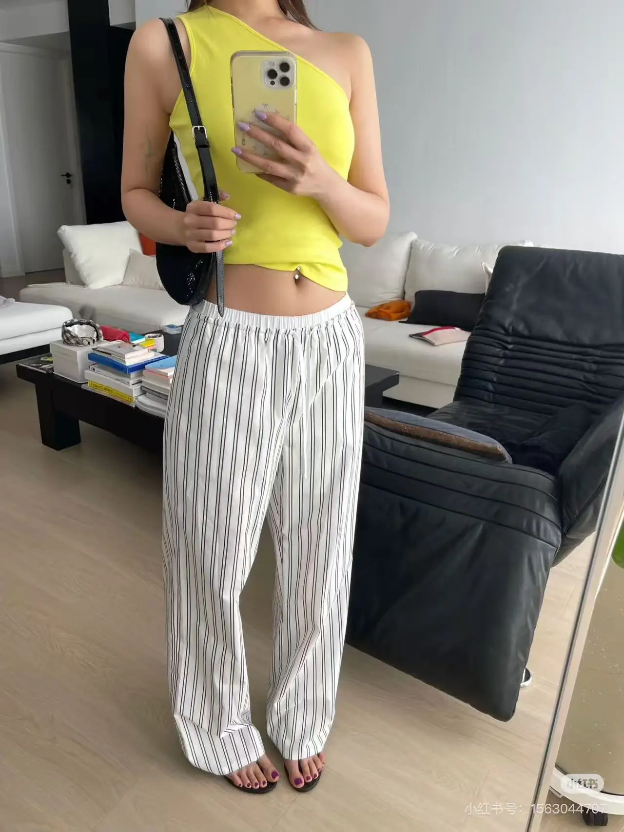 

Summer new style slimming striped wide-leg pants, drawstring straight-leg casual pants, loose and drape floor-length pants