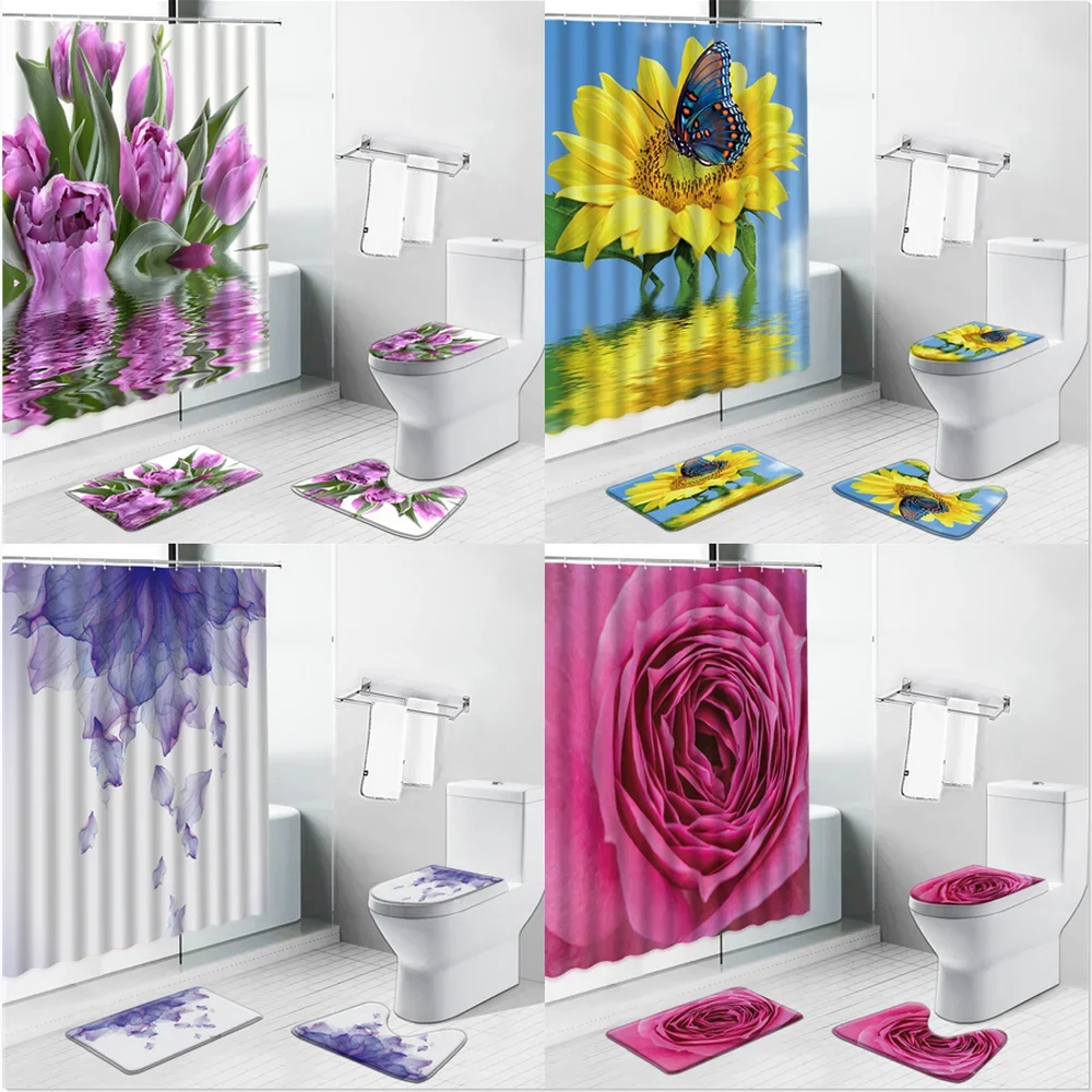 Tulip Rose Sunflower Flower Butterfly Scenery Shower Curtains Dandelion Floral Bathroom Decor Anti-Slip Bath Mat Toilet Rug Set