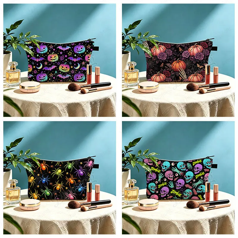 Halloween Pumpkin and Skull Bat Pattern Cosmetic Case Evil Eyes Spider Lipstick Napkin Holder Women Toiletry Makeup Bags