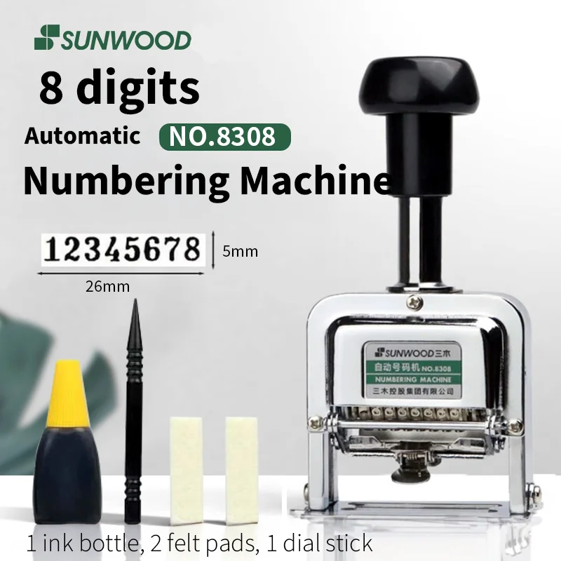 Numeratore automatico a 8 cifre SUNWOOD, timbro numerico in metallo per codifica ufficio e documenti, modello 8308