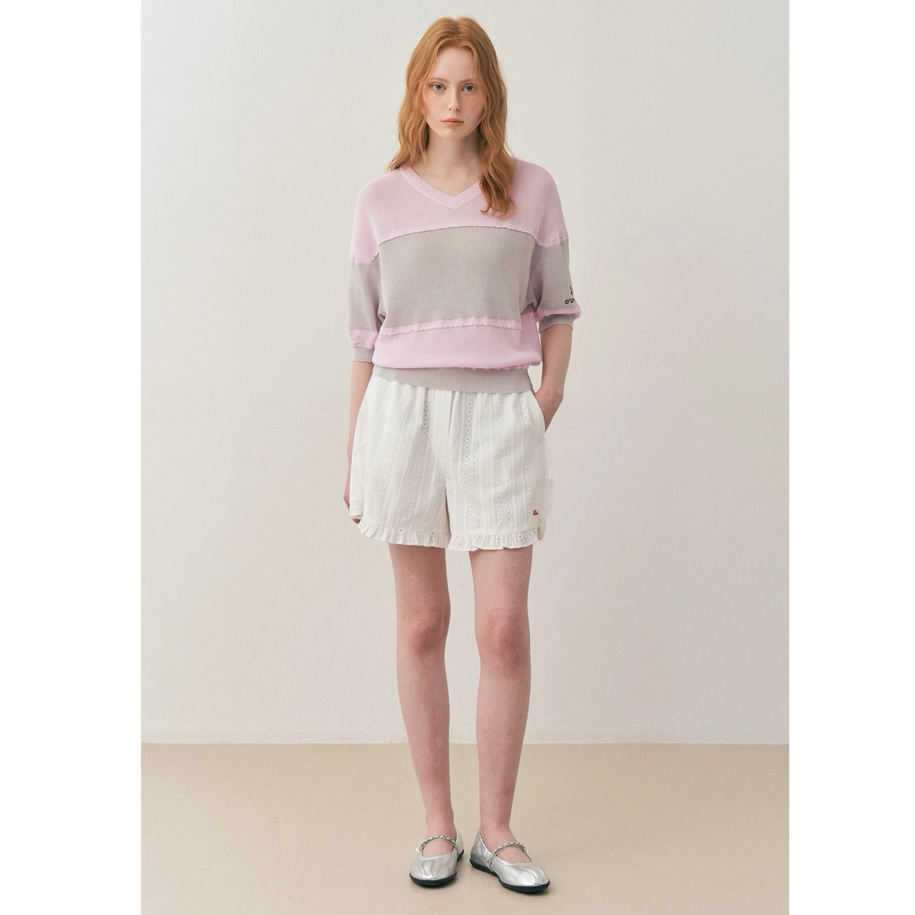 

Lemon Cheese Summer 2026 Casual V-neck Color Block Back Knitted Short Sleeve Thin Top Women's Loose Fit Pullover Knitwear