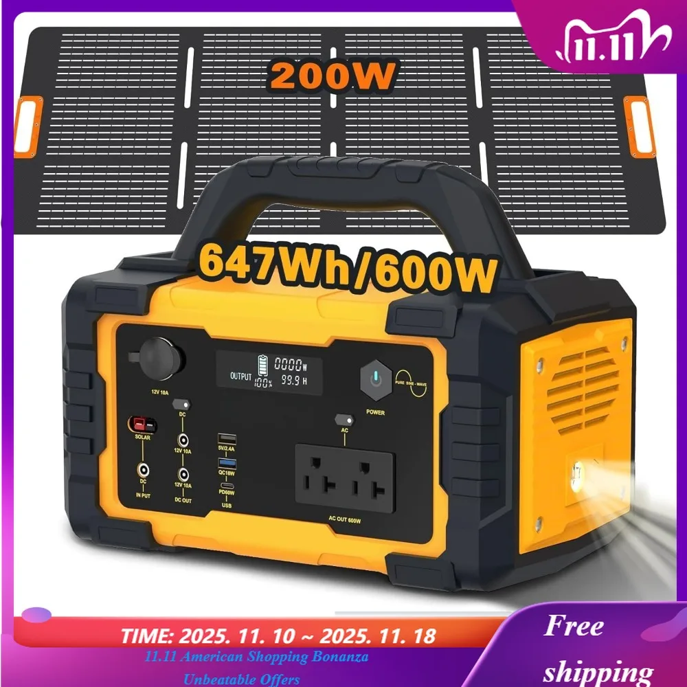 

Солнечный генератор Портативная электростанция мощностью 600 Вт со складной солнечной панелью мощностью 200 Вт, литиевая батарея 647 Втч, розетка переменного тока 120 В/600 Вт,