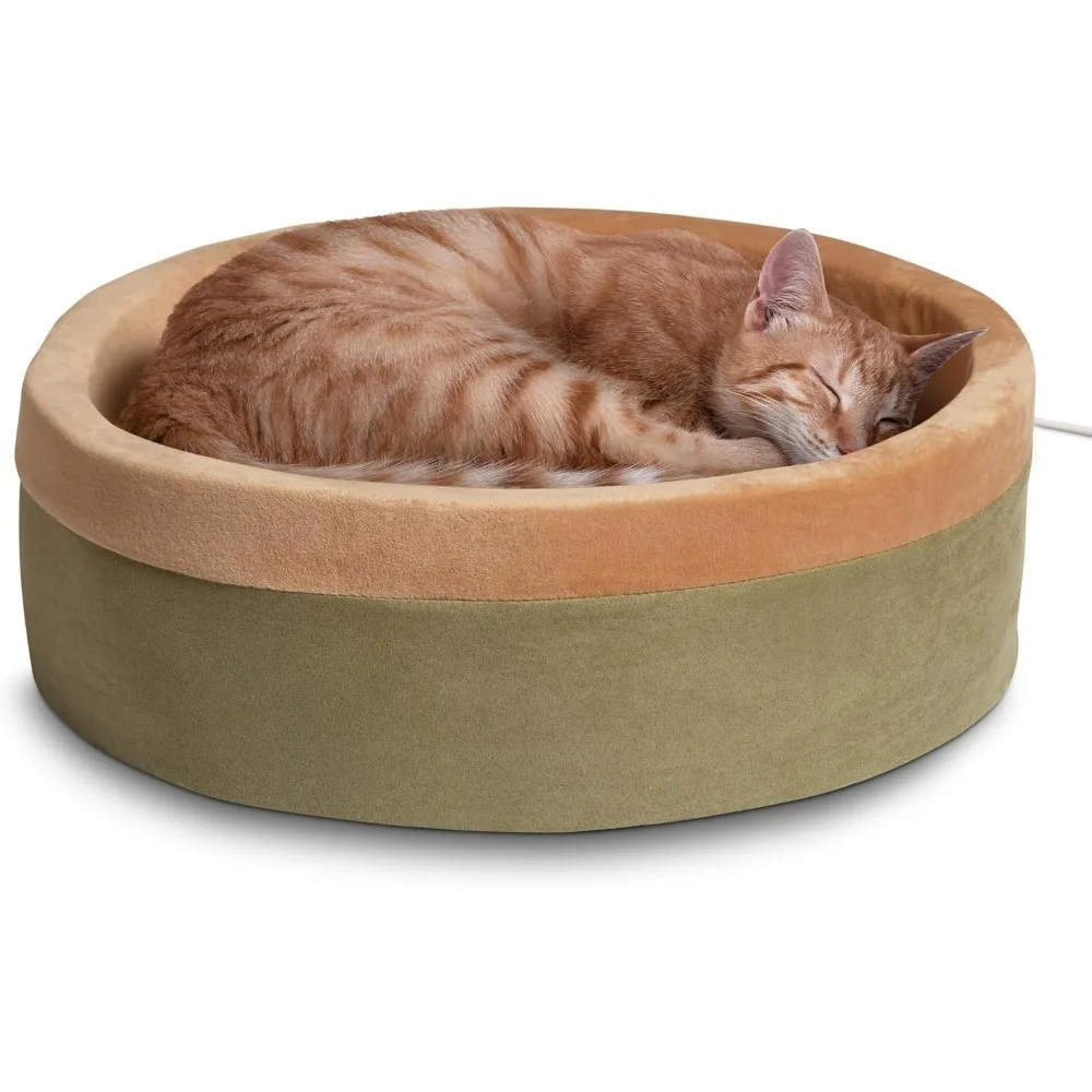 Large Indoor Pet Beds: Calming Warming Pillow, Machine Washable, Removable Heater, Safety Listed - 20" Round Sage/Tan