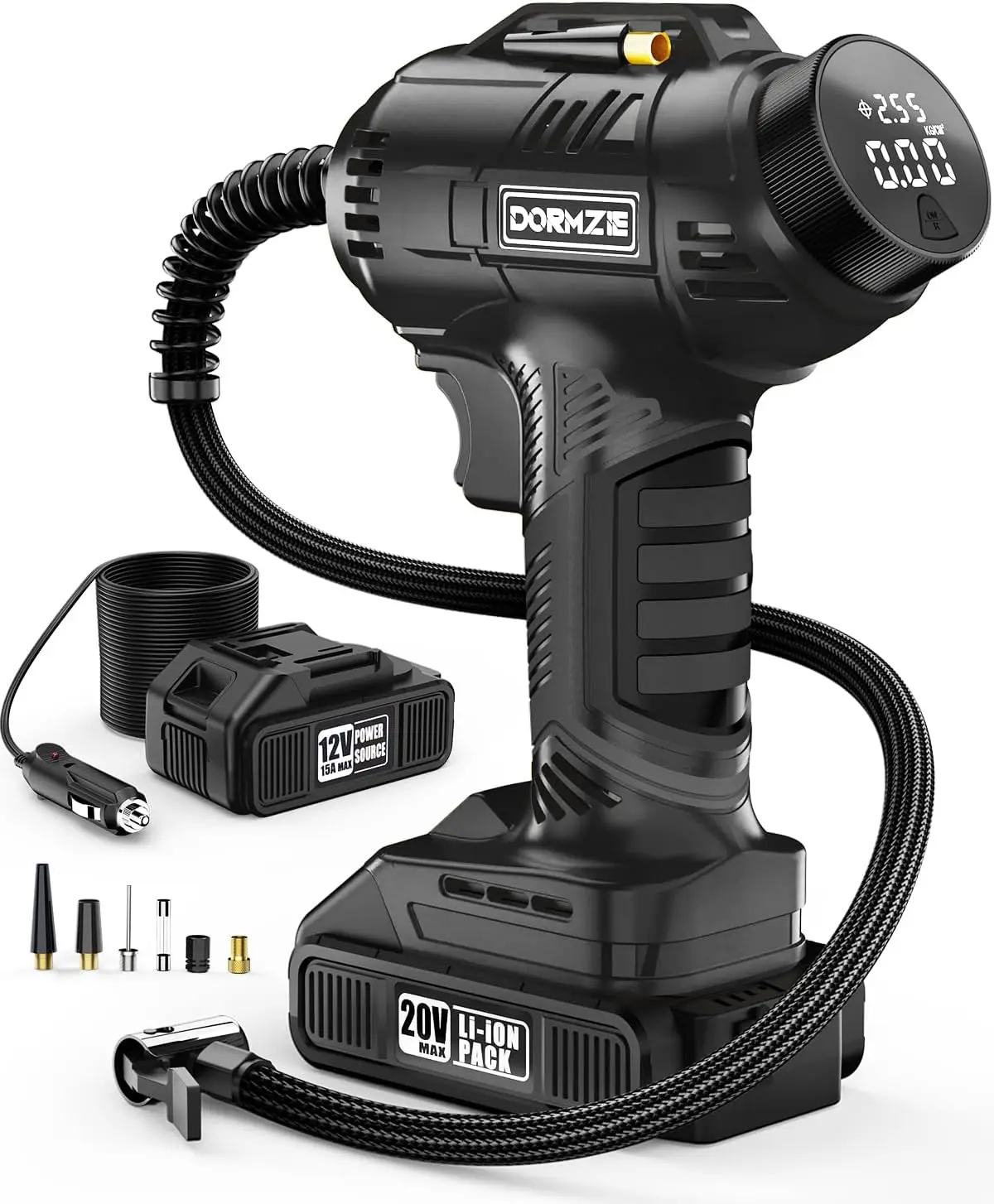 

Portable Tire Inflator 150 PSI Air Compressor with 20V Battery, Digital Display, Car Adapter, for Car, Motorcycle, Bike