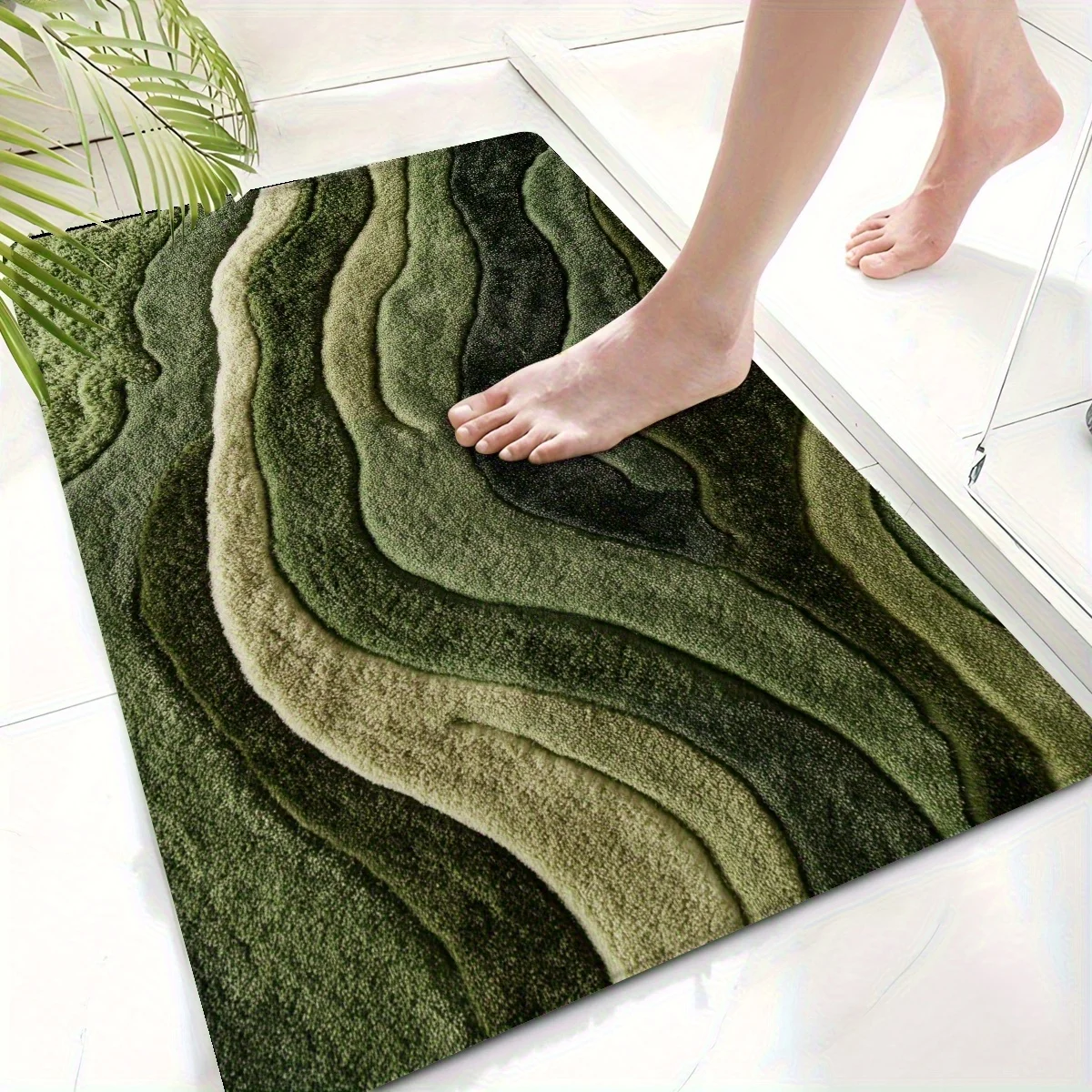 Wave Green Textured Carpet Vibrant Pattern,Machine Washable Absorbent Mat for Bathroom Living Room Bedroom Outdoor, Home Decor