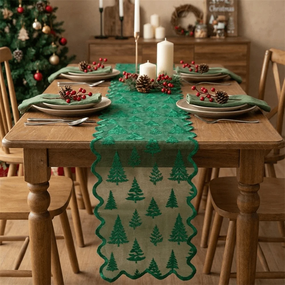 Maple Leaf Christmas Tree Table Runner Flower Lace Christmas Table Flag Jacquard Desk Decor Xmas Tablecloth Living Room