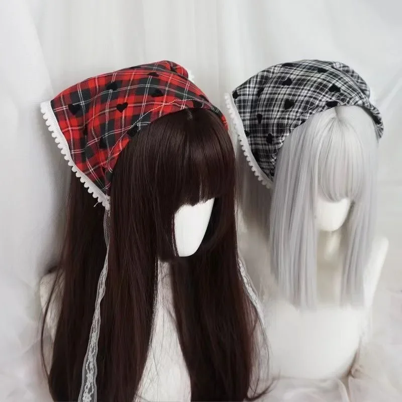 Vintage Plaid Heart Lace Triangle Headscarf Woman Headwear Sweet Colorful Triangular Hair Scarf Headband Hair Accessories