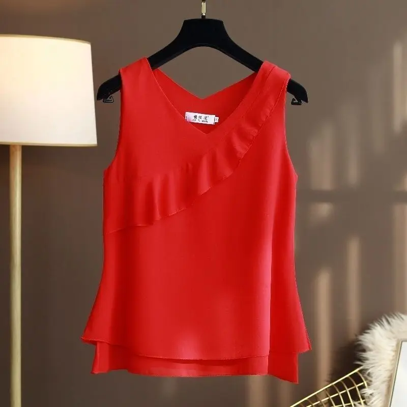 2024 Summer New Women\'s Pullovers V-Neck Spliced Ruffles Elegant Fashion Loose Sleeveless Commuter Solid Color Chiffon Tops