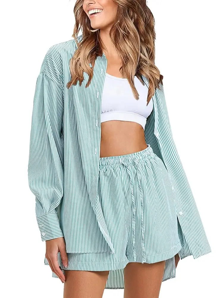 Camicia a maniche lunghe a righe da donna Completi da 2 pezzi Set di pantaloncini con coulisse e colletto con bottoni