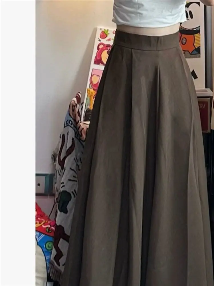 

Коричневая юбка-зонтик с высокой талией в стиле ретро, женская осенне-зимняя свободная драпированная юбка Хепберн, юбки-миди для больших размеров