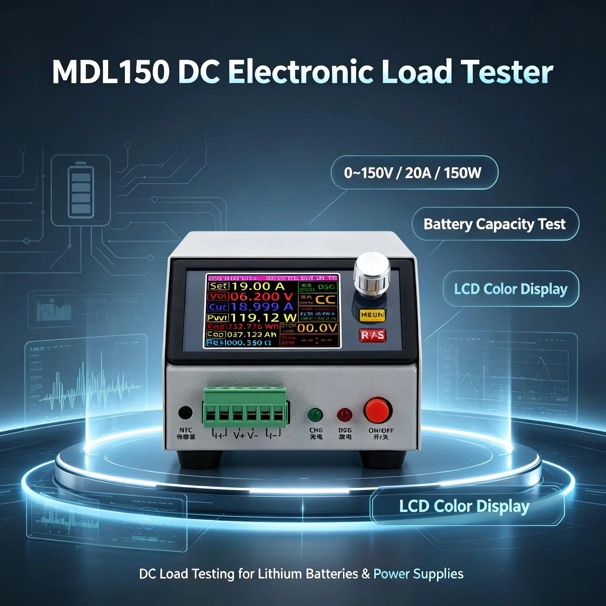 MDL150 CNC DC Electronic Load Tester 2.4 Inch Color Screen Digital Battery Capacity Tester DC 0-150V 20A 150W with NTC Sensor