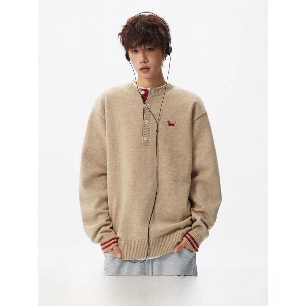 

Мужской свитер цвета хаки с вышитым воротником Генри, американский консервативный полосатый цвет, блузка коричневого цвета, вязаный длинный све, повседневный осенний топ