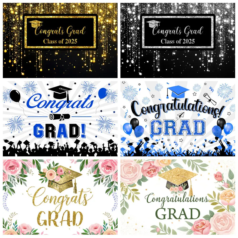 

2025 Graduation Prom Photography Background Glitter Balloon Flower Bachelor Cap Congratulations Graduate Photo Backdrop Decor