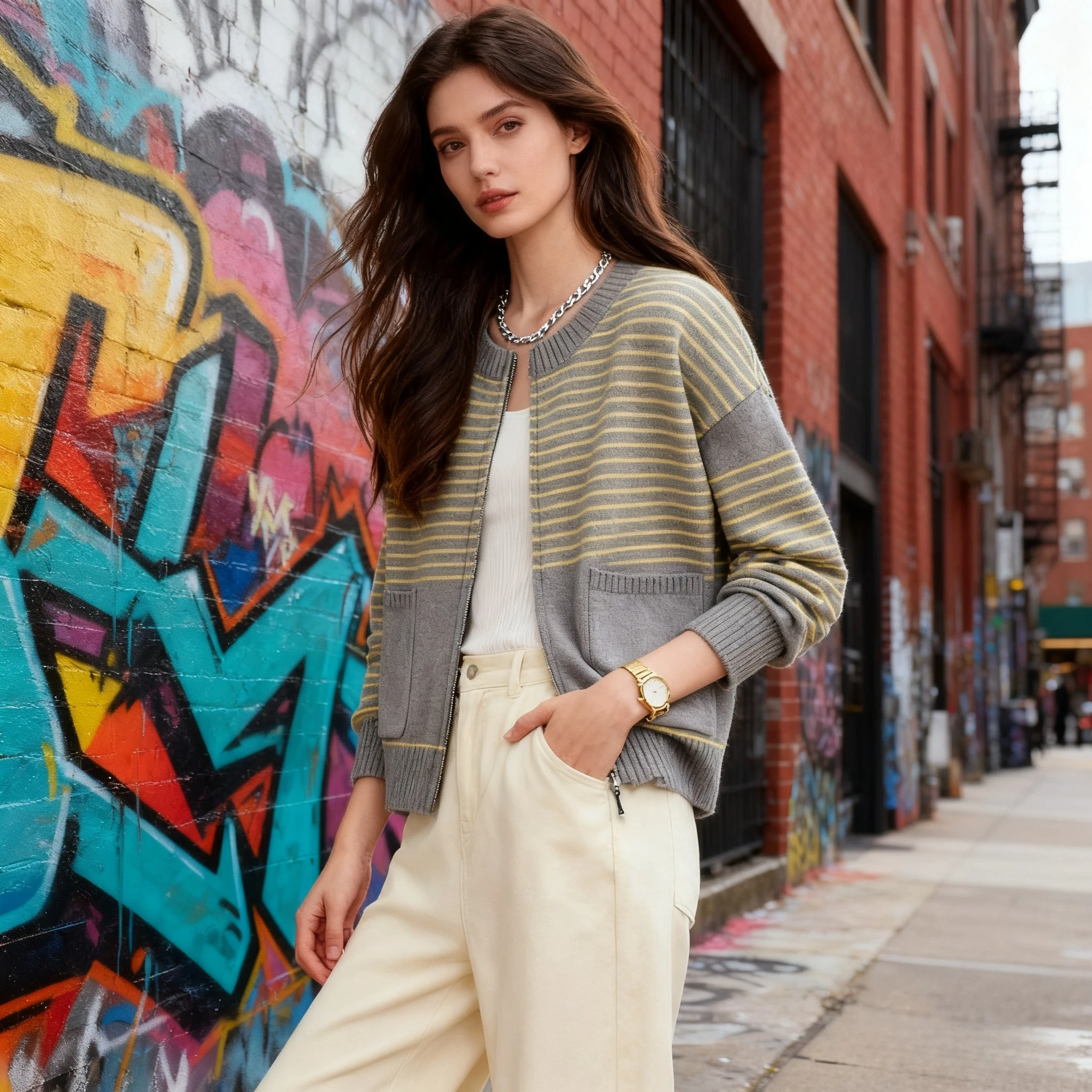 

Women Coat Cardigan Sweaters Coats Zipper Jackets Round Neck Striped Jumpers Y2k Streetwear Elegant Casual Autumn Winter 2025