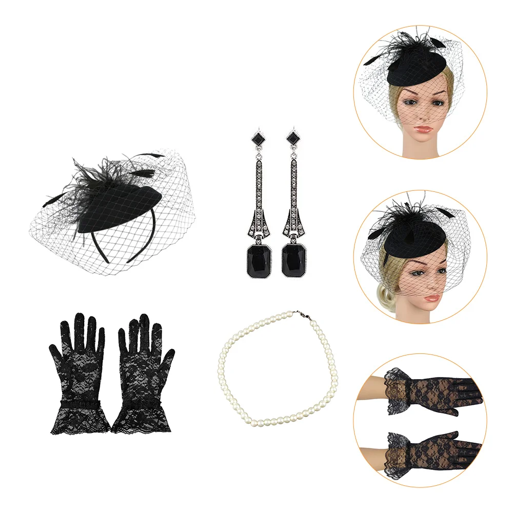 Conjunto de chapéu famale colar véu cocar feminino luva moderna headwear brincos de pérola para