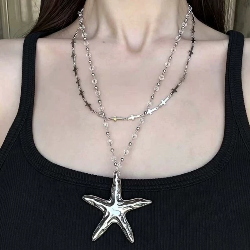 Punk Large Metal Starfish Heart Geometry Pendant Rope Chain Necklace For Women Men Fashion Vintage 90s Grunge Jewelry Accessory