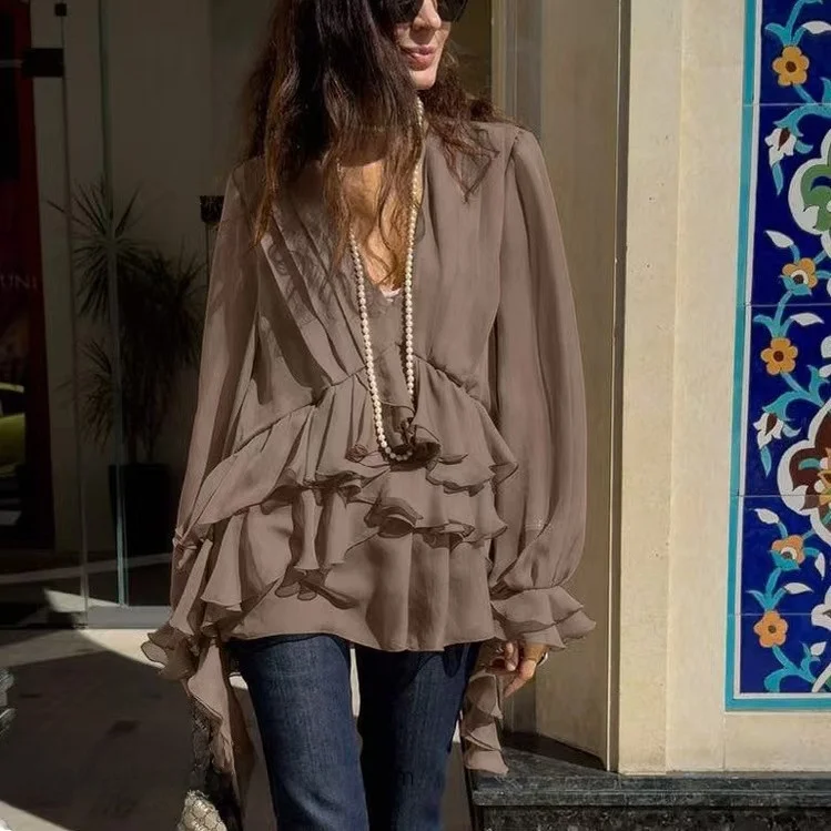 

Fashionable V-neck Long Sleeve Lotus Leaf Shirt Women's Premium Top Loose Fit Summer Casual Wear Pure Color Elegant Style