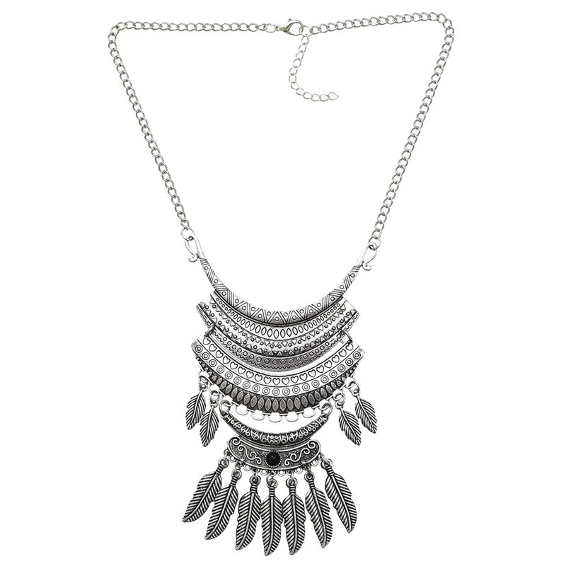 Pendant Women Necklace Bohemian Ethnic Alloy Leaves Tassel Vintage Carved Charms Chians Necklace Statement Necklace Female