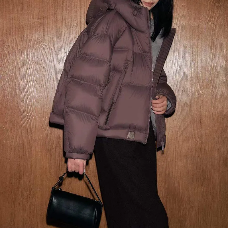 高品質レディースショートダウンジャケット無地90ダックダウンウエストルーズフード付きダウンコート女性用秋冬新作2025