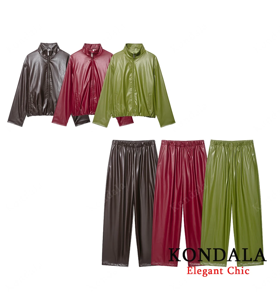 

KONDALA женская куртка в стиле ретро с воротником-стойкой из искусственной кожи на молнии, брюки с эластичной резинкой на талии, новинка 2025 года, осенне-зимний модный уличный комплект