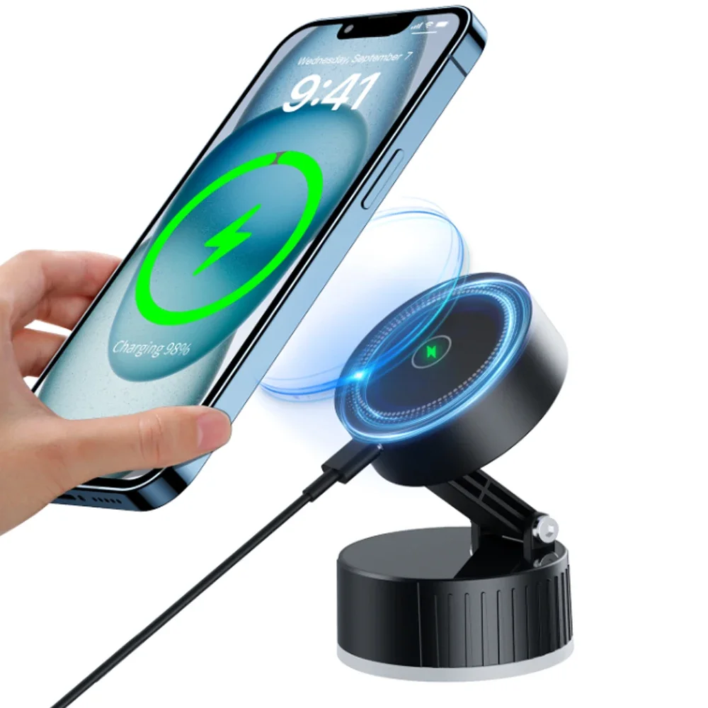 Pengisi Daya Dudukan Ponsel Mobil Magnetik 15W Dudukan Ponsel Magnetik Pengisi Daya Nirkabel Cepat dengan Panel Pengisi Daya Dapat Diputar untuk iPhone 16