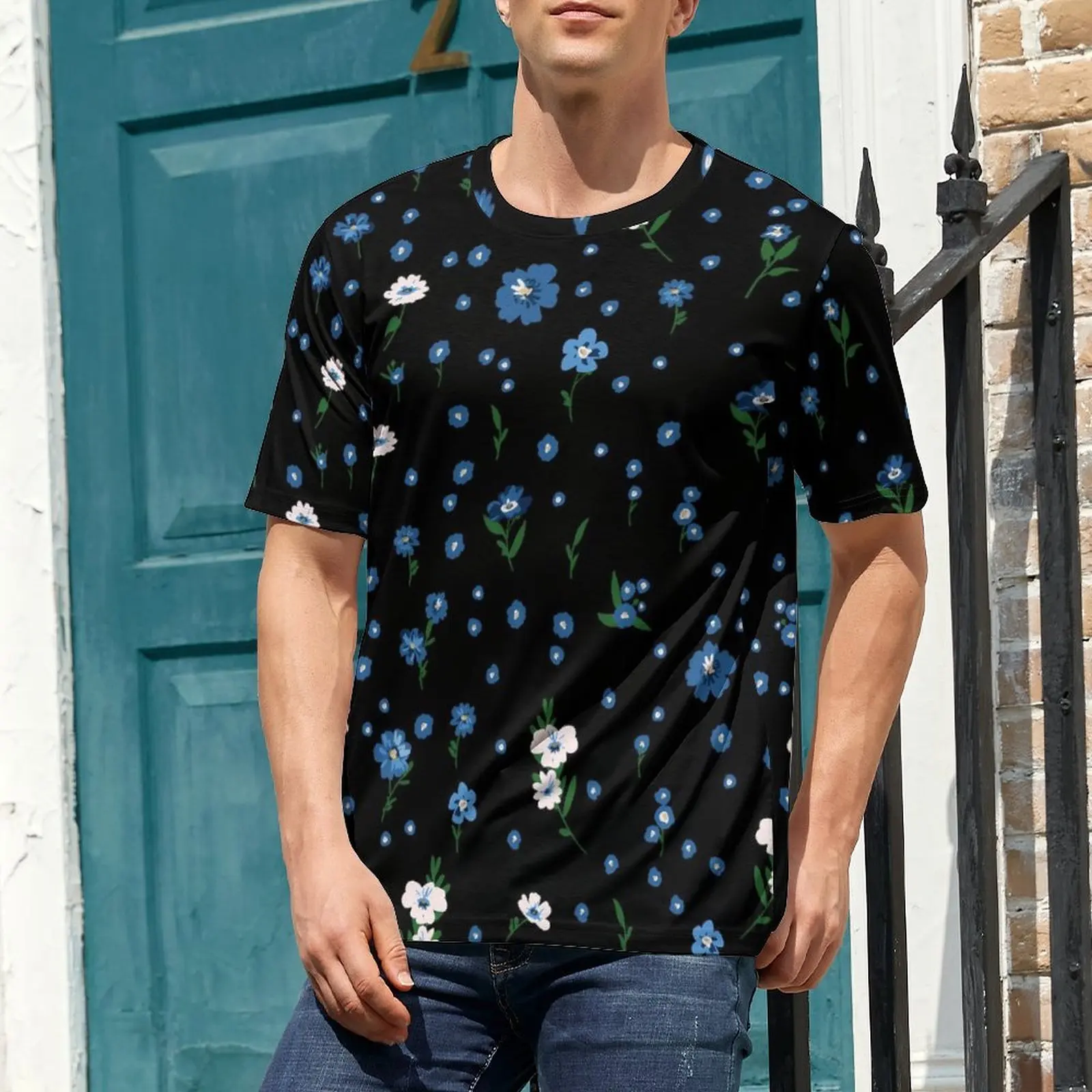 Oversized T Shirt Original Blue White Daisies T Shirts Cute Flowers Y2K Casual Crew Neck Tshirt Mens Popular Design Tees