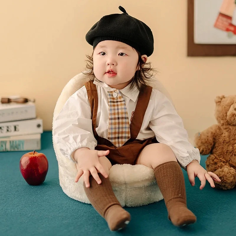 Costume de Photographie pour Bébé de 2 à 3 Mois, Vêtements de Style Britannique, Ensemble de 3 Pièces, Petit Ours, Accessoires de Studio de Nettoyage