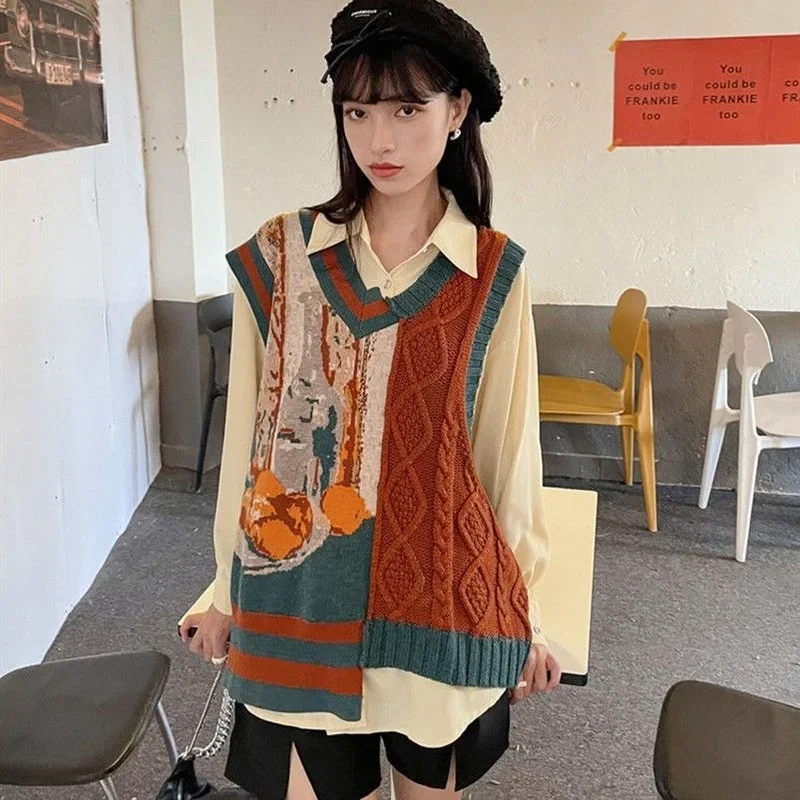 Retro Women\'s Knitted Vest Sleeveless Jacket V-neck Top Contrasting Jacquard Sweater Vest Leisure Loose Fashion Cheap Wholesale