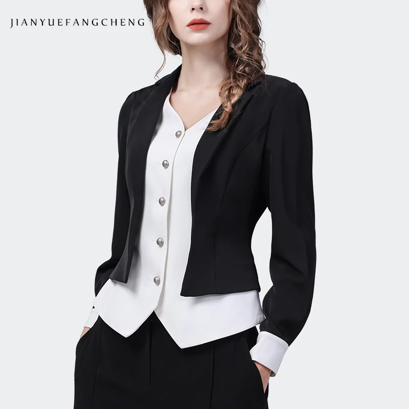 

2024 Spring New Fake Two Pieces Design Women Long Sleeve Shirt Elegant Slim Black-white Color Blocking Work Casual Blouses