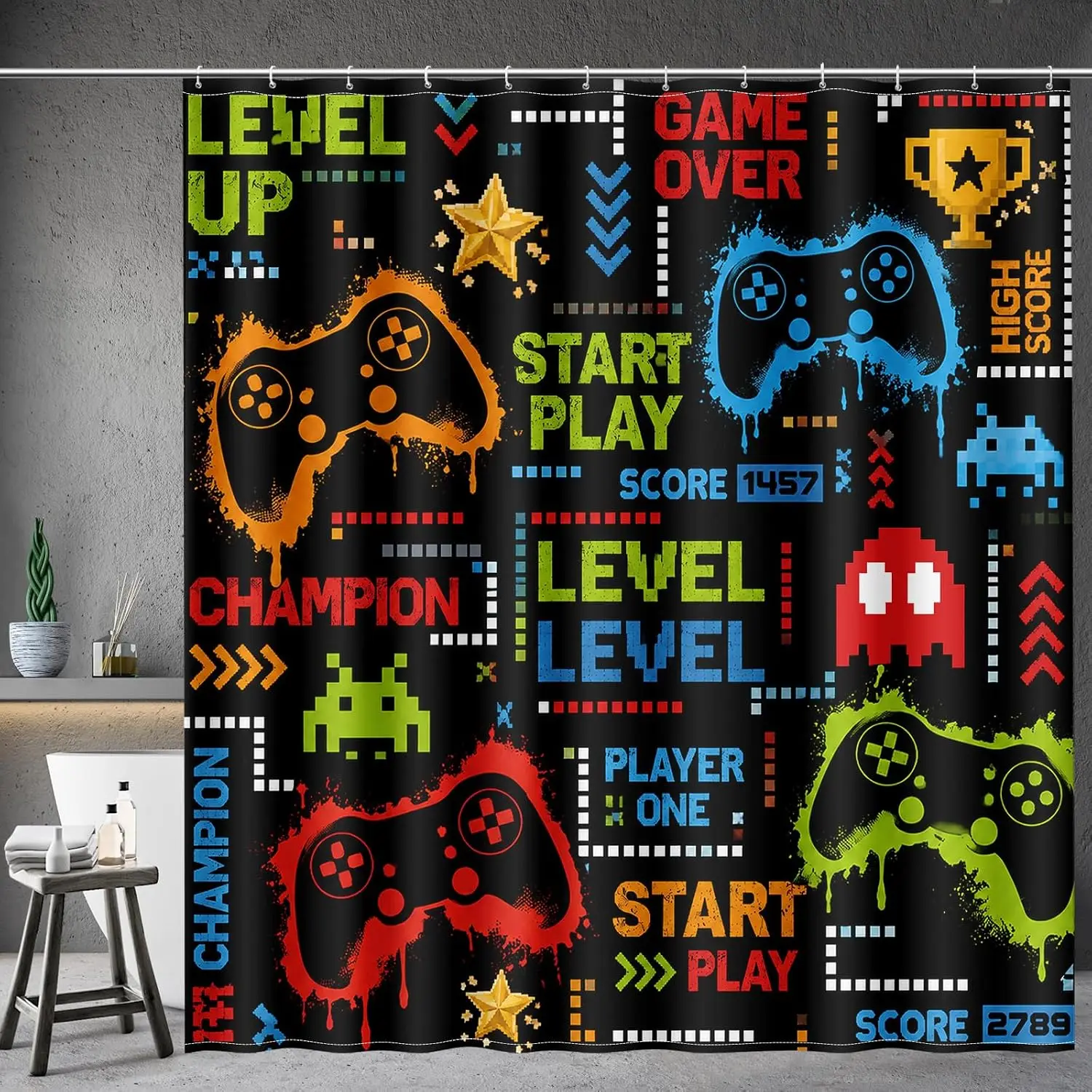 Retro Video Game Controller Shower Curtain, Pixel Art Gamer Room Decor, Arcade Level Up Pattern, Waterproof Polyester