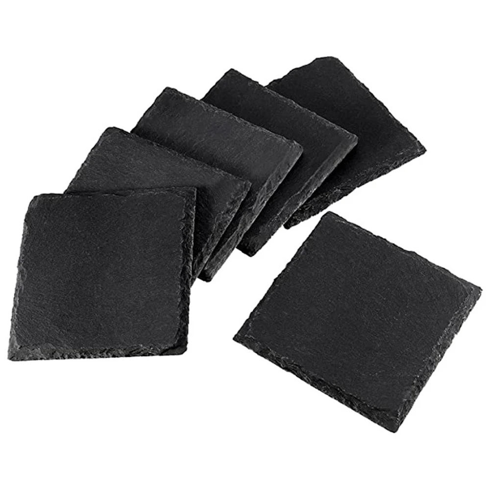 8pcs Engraving Blank Square Slate Stone Coasters 4in Black Drinks Coasters with Bottom and Holder Wedding Anniversary Party Gift