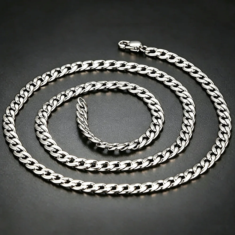HNSP 316L Stainless Steel Cuban Link Flat Chain Necklace For Men Curb Chain Waterproof Jewelry Accessories