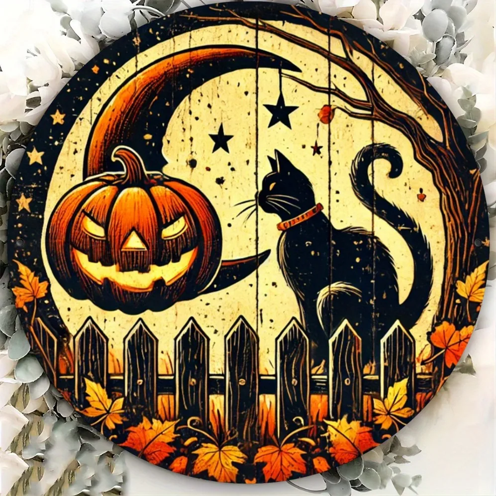

1pc, 2D Printed Round Metal Sign, Decor with Spooky Black Cat and Moon, Wall Art for Hotel, Garden -Multi-Purpose,Rustic Style