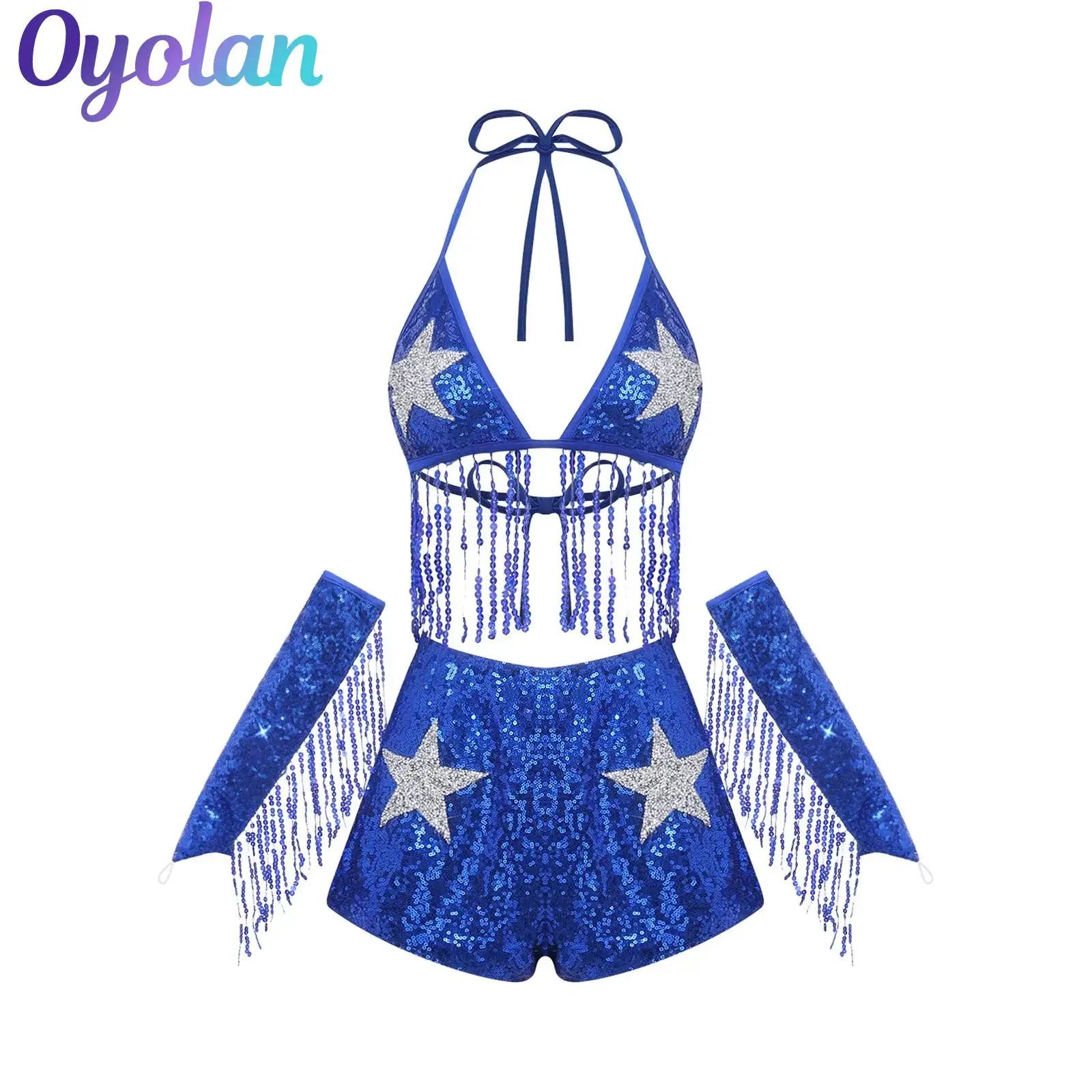 

Womens Glittery Sequins Belly Dance Performance Costume Star Tassel Bra And High Waist Shorts And Fringed Gloves Rave Clubwear