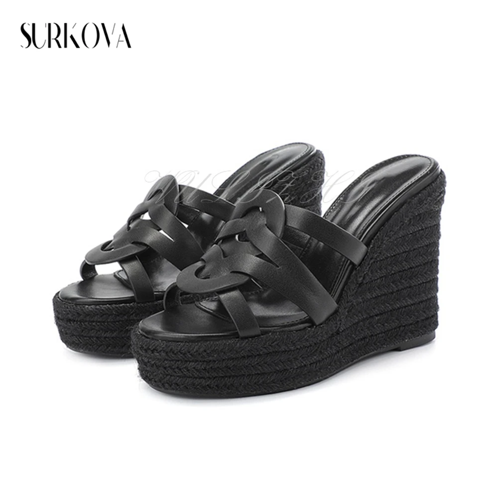 

Matte Crossover Cutout Wedge Espadrilles Round Open Toe Platform High Heel Sandals Bohemian Style Solid Simple Outdoor Slippers