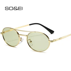 SO&EI Vintage Small Oval Metal Double Bridges Women Sunglasses Fashion Blue Green Shades UV400 Men Trending Punk Sun Glasses