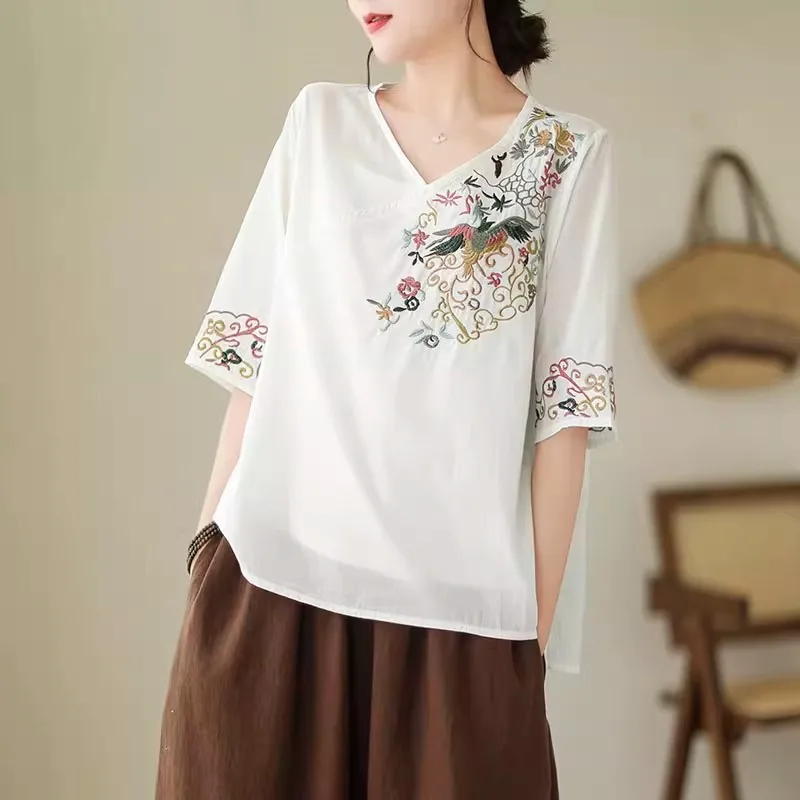 Chinese Style V-Neck Top Loose Short Sleeve Vintage Solid Color Embroidery Shirt Minimalist Flowy Summer Casual Tees Pullovers