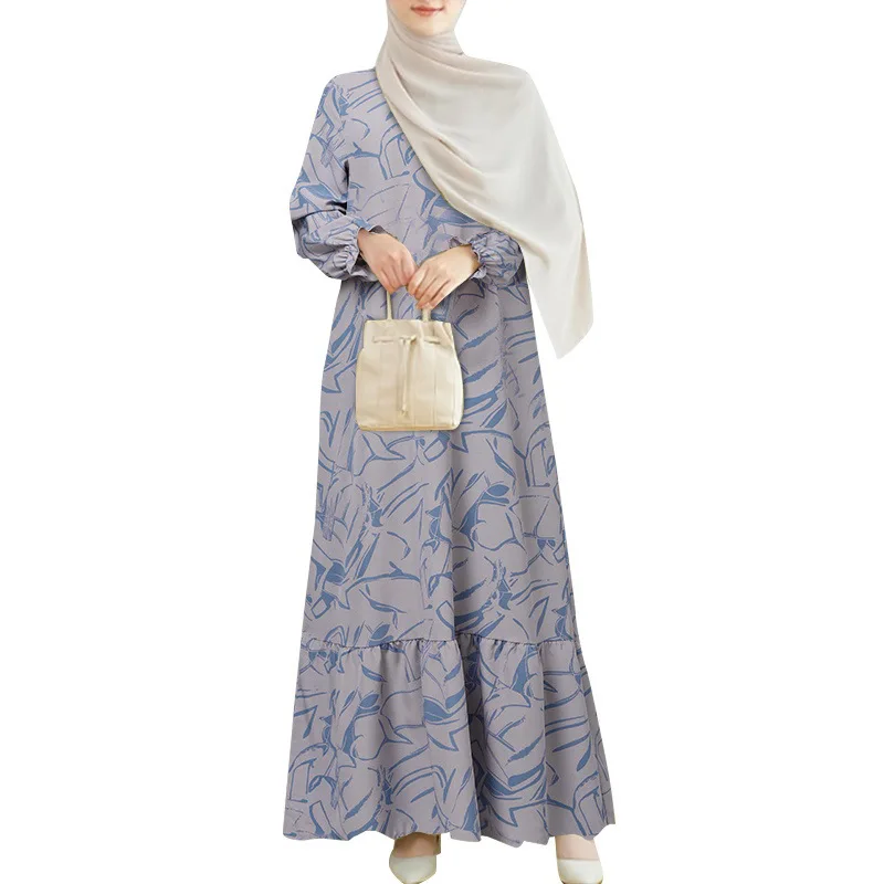 Women Elegant Geometric Print Ruffled Long Dress Fashion Summer Long Sleeve O-neck Dubai Turkey Abaya Muslim Dress Women Robe